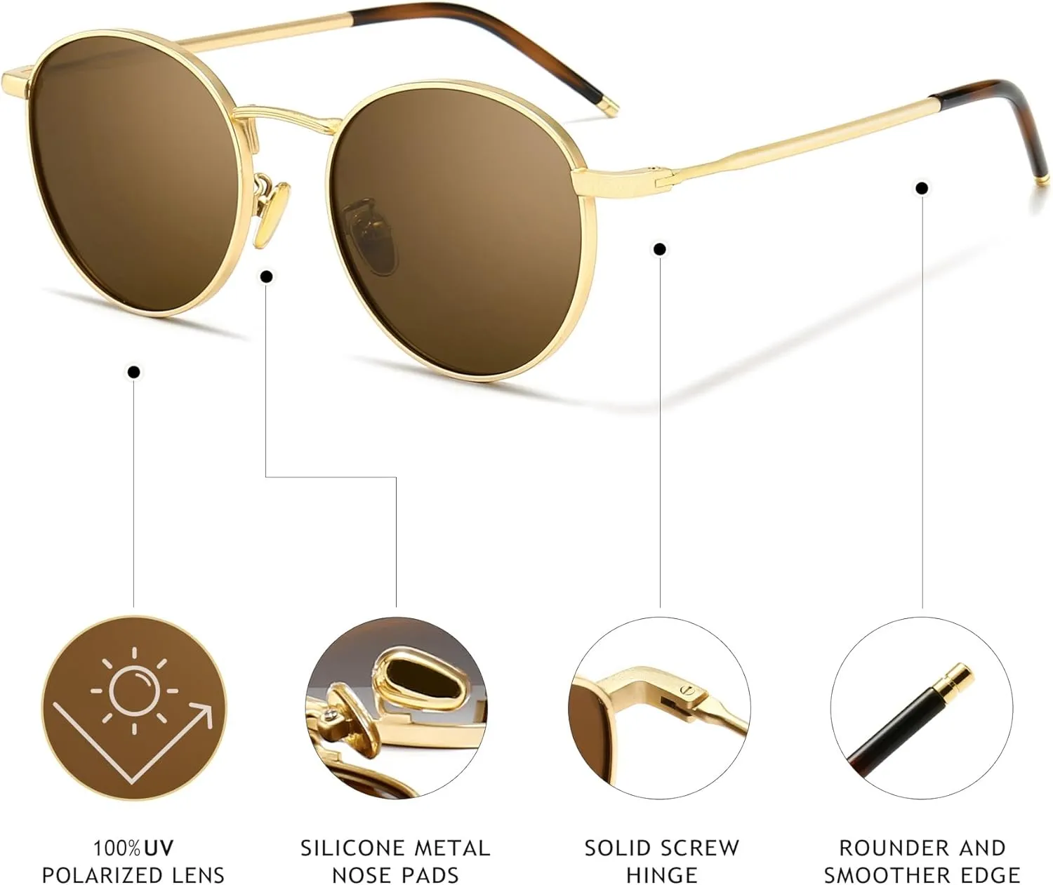 SUNGAIT Ponderable Metal Round Sunglasses for Men Women Classic Vintage Polarized Circle Sun Glasses