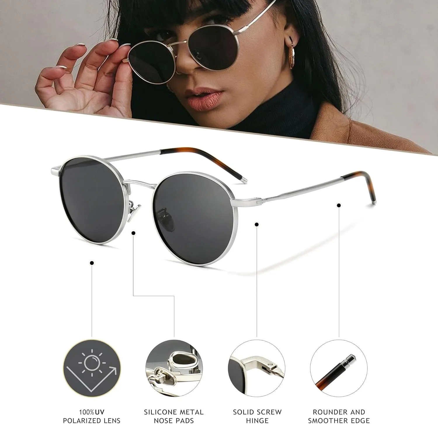 SUNGAIT Ponderable Metal Round Sunglasses for Men Women Classic Vintage Polarized Circle Sun Glasses