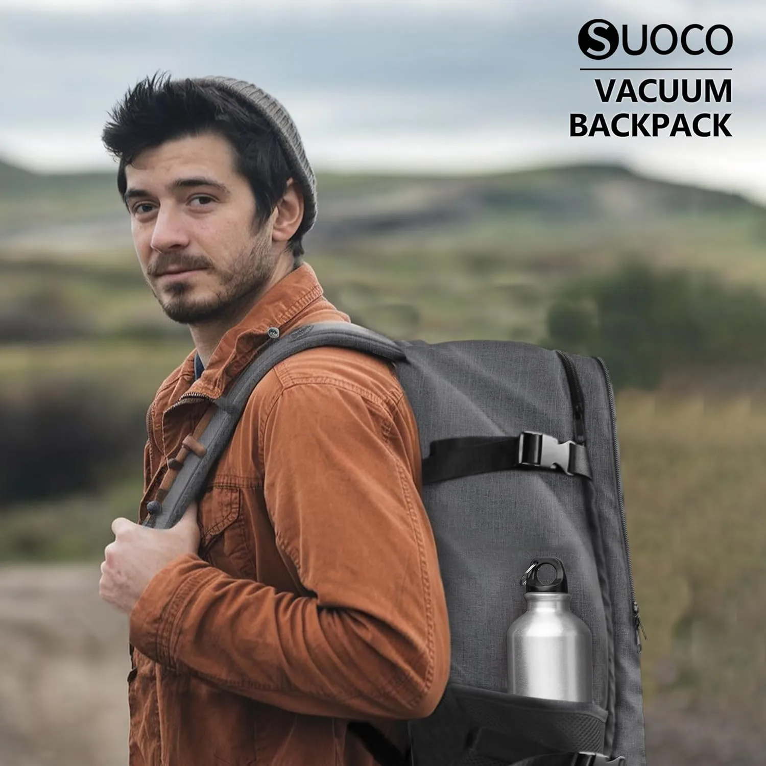 SUOCO Travel Vacuum Backpack, 60L Seal Compression Air Vac Bag Back Pack with Travel Pump, Carry On Suitcase Luggage Flight Approved for Men Women Personal Item, Grey