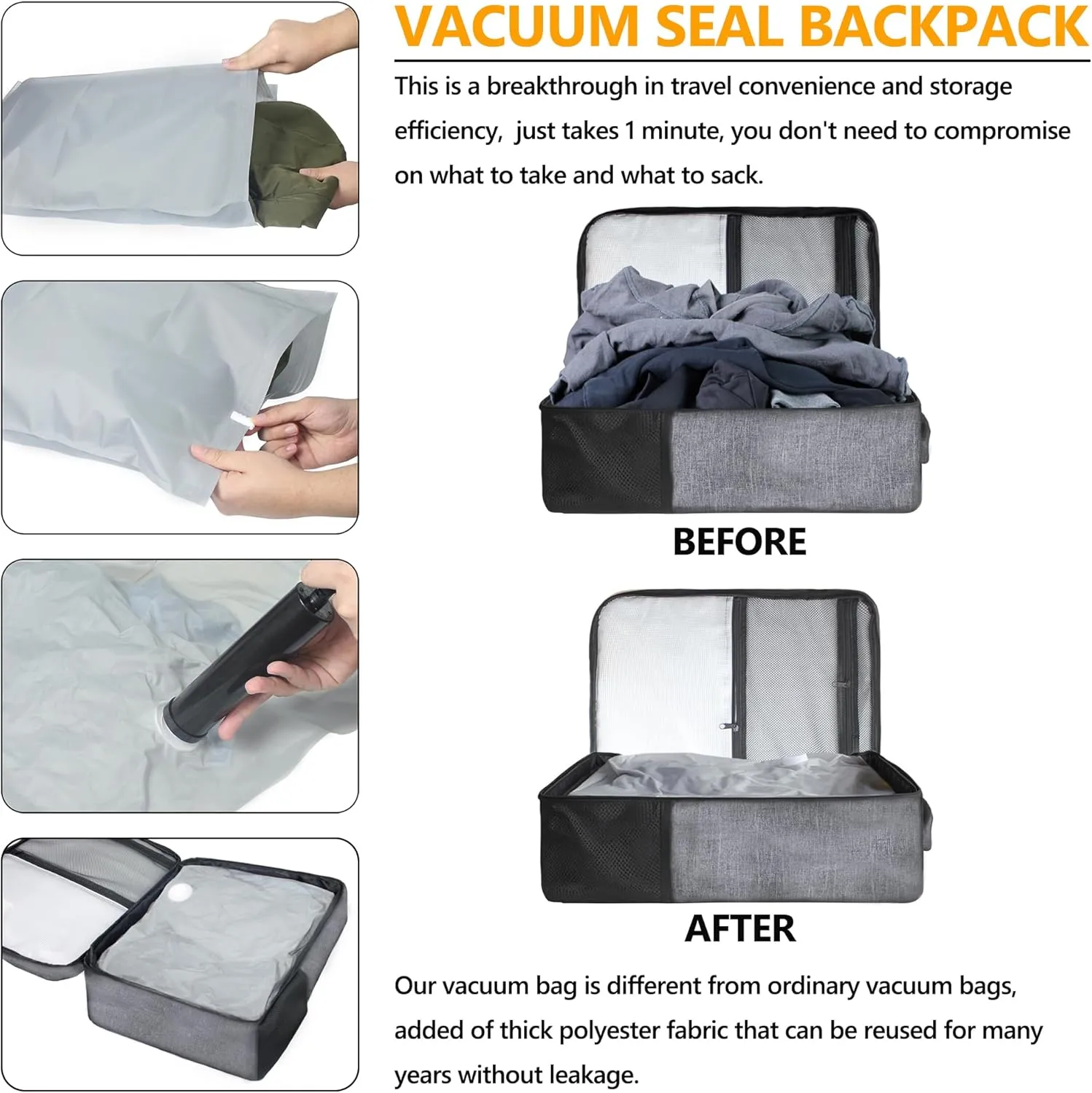 SUOCO Travel Vacuum Backpack, 60L Seal Compression Air Vac Bag Back Pack with Travel Pump, Carry On Suitcase Luggage Flight Approved for Men Women Personal Item, Grey