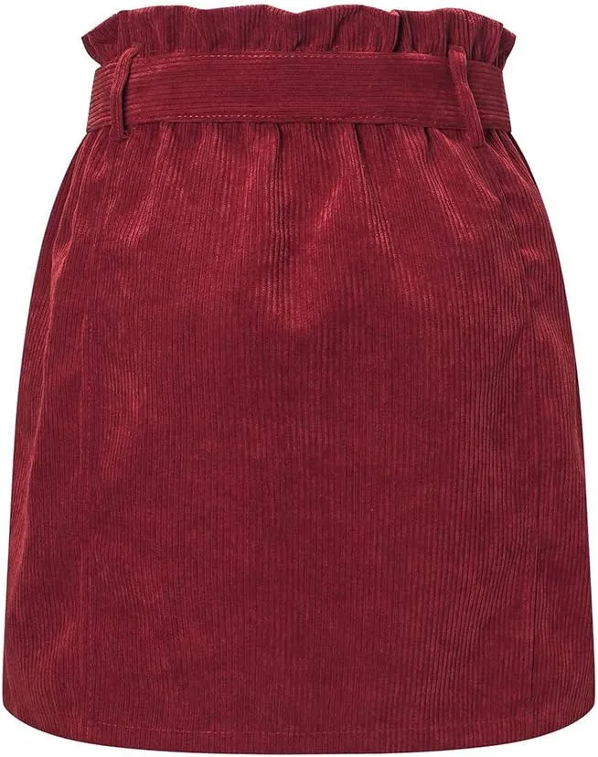 Susupeng Women Paperbag High Waist Elastic Belted Corduroy Button Front with Pockets Short Mini Skirt
