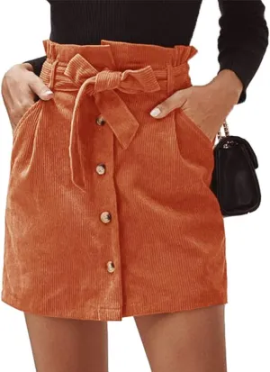 Susupeng Women Paperbag High Waist Elastic Belted Corduroy Button Front with Pockets Short Mini Skirt