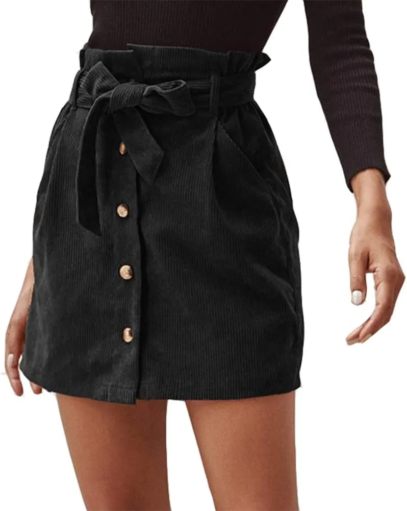 Susupeng Women Paperbag High Waist Elastic Belted Corduroy Button Front with Pockets Short Mini Skirt