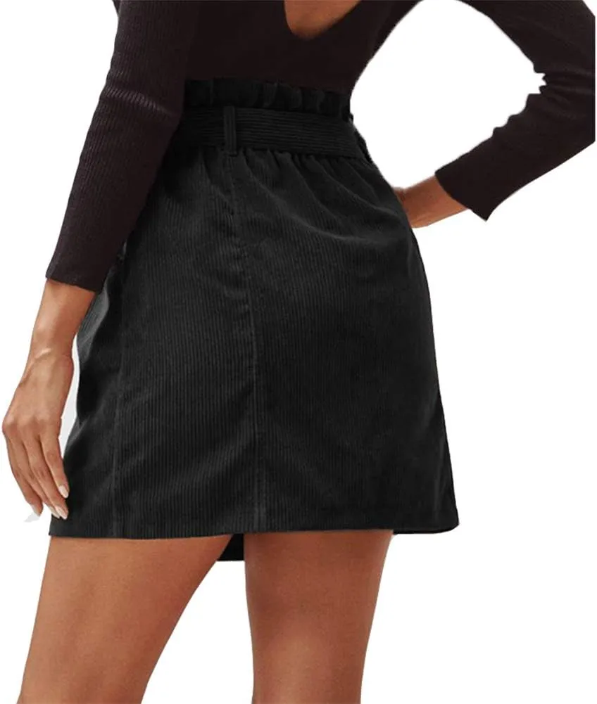 Susupeng Women Paperbag High Waist Elastic Belted Corduroy Button Front with Pockets Short Mini Skirt