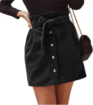 Susupeng Women Paperbag High Waist Elastic Belted Corduroy Button Front with Pockets Short Mini Skirt
