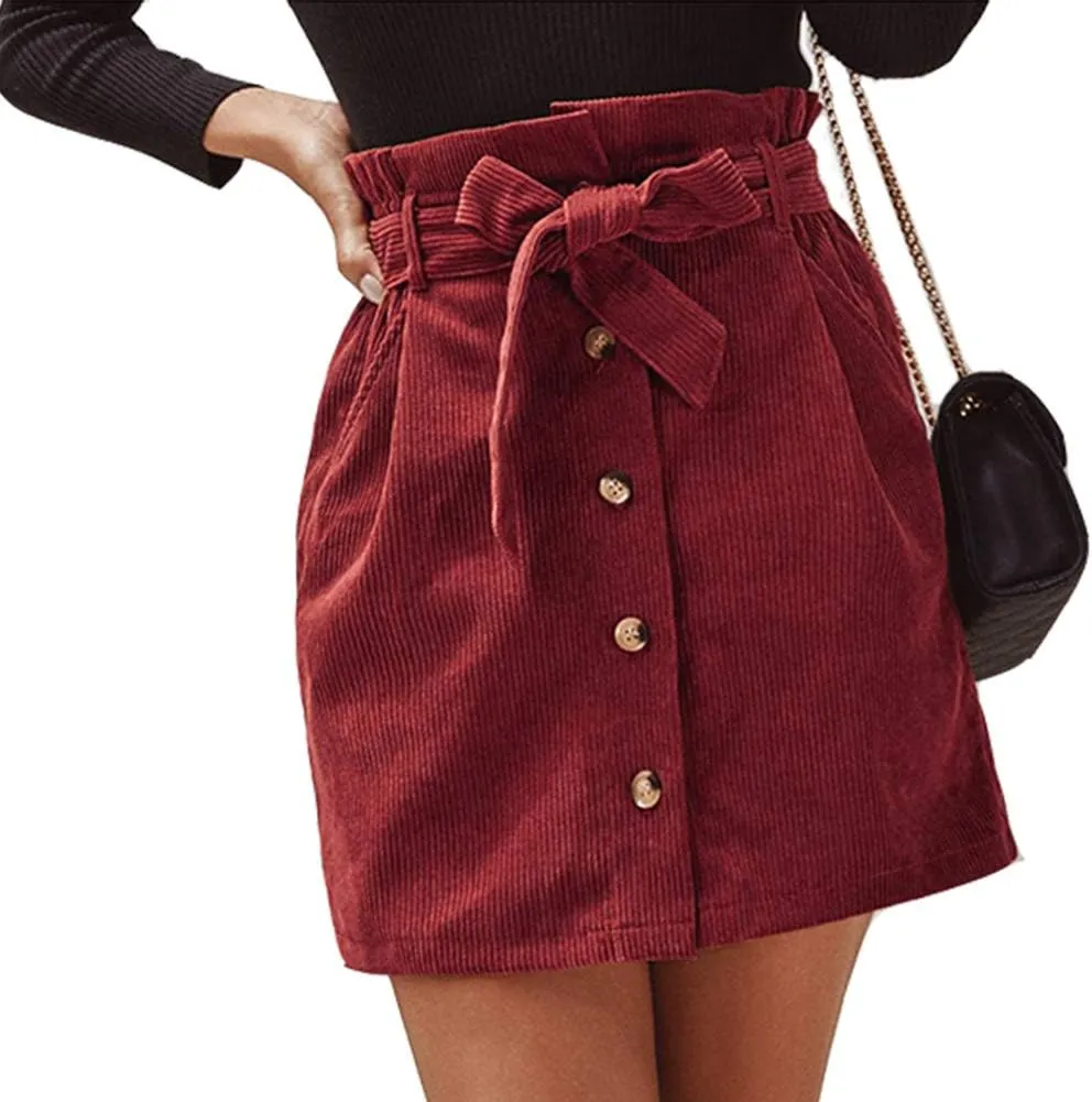 Susupeng Women Paperbag High Waist Elastic Belted Corduroy Button Front with Pockets Short Mini Skirt