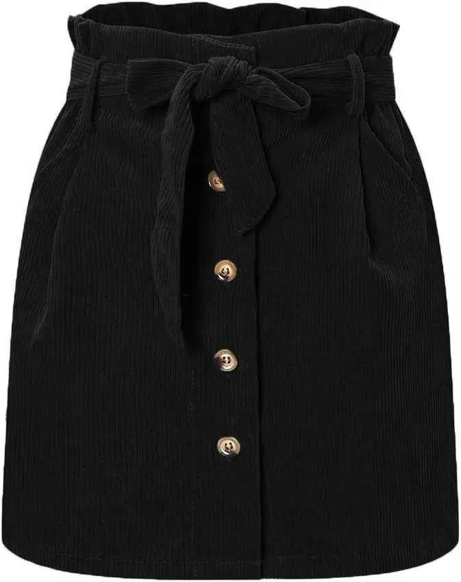 Susupeng Women Paperbag High Waist Elastic Belted Corduroy Button Front with Pockets Short Mini Skirt
