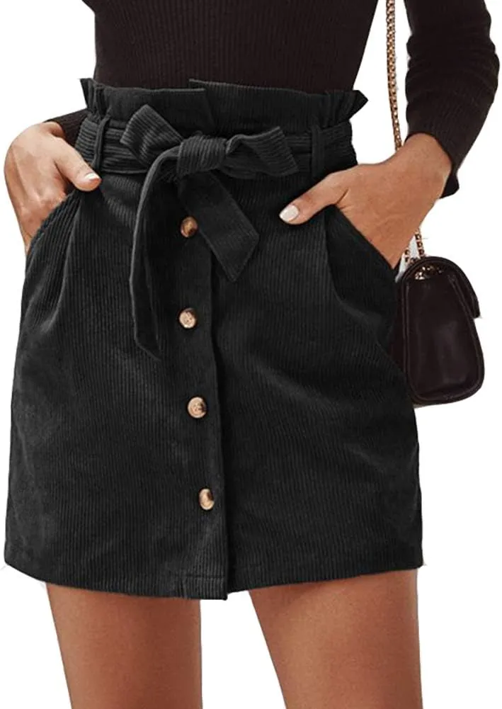Susupeng Women Paperbag High Waist Elastic Belted Corduroy Button Front with Pockets Short Mini Skirt