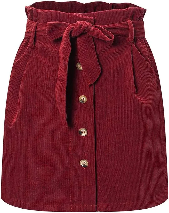 Susupeng Women Paperbag High Waist Elastic Belted Corduroy Button Front with Pockets Short Mini Skirt