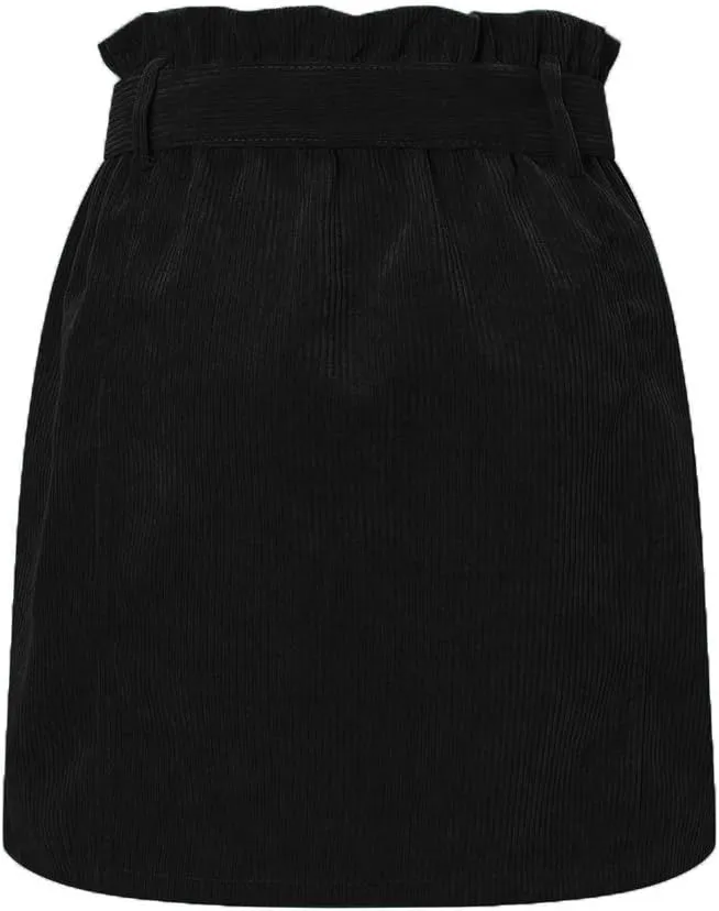 Susupeng Women Paperbag High Waist Elastic Belted Corduroy Button Front with Pockets Short Mini Skirt