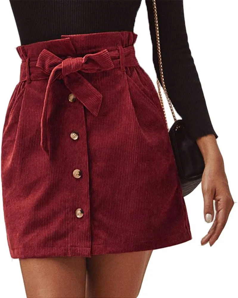 Susupeng Women Paperbag High Waist Elastic Belted Corduroy Button Front with Pockets Short Mini Skirt