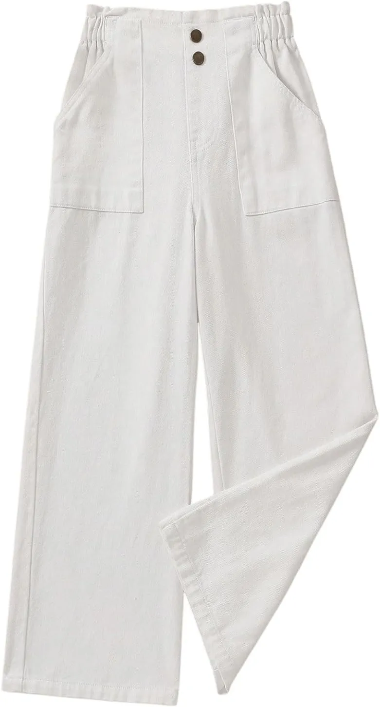 SweatyRocks Girl's Casual Elastic High Waist Wide Leg Jeans Button Front Pockets Denim Pants