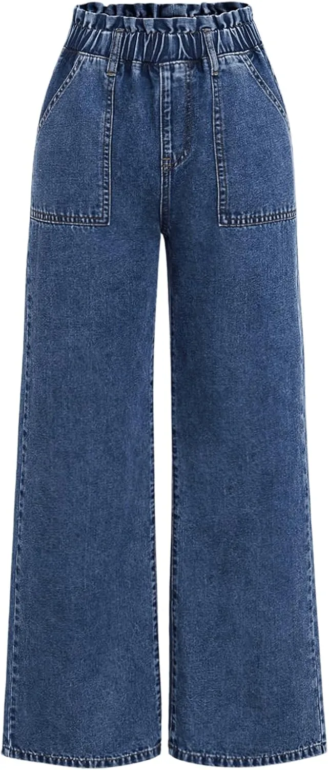 SweatyRocks Girl's Wide Leg Denim Pants Elastic High Waisted Loose Jeans with Pocket