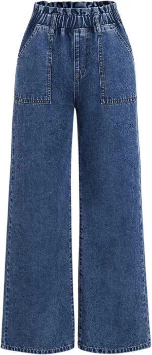 SweatyRocks Girl's Wide Leg Denim Pants Elastic High Waisted Loose Jeans with Pocket