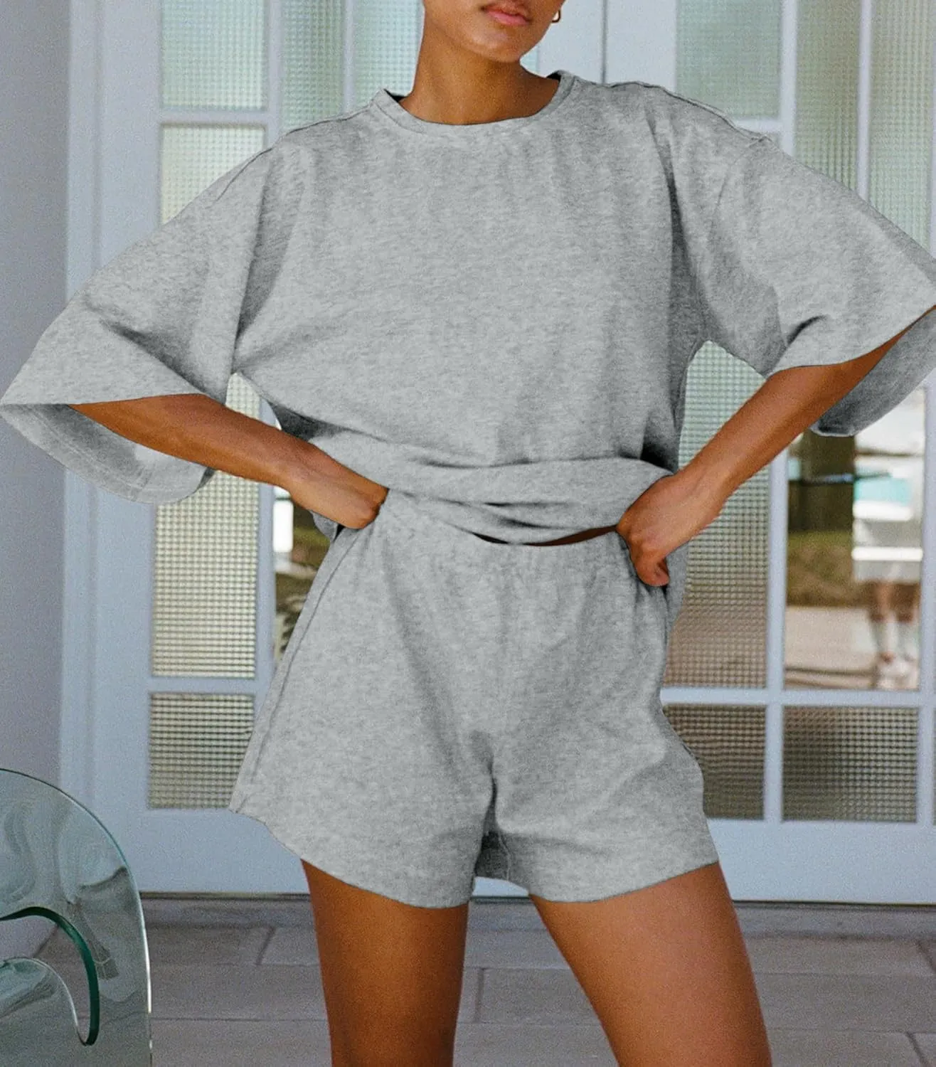Tankaneo Womens Pajama Sets 3/4 Sleeve Oversized Tops and Elastic Waist Shorts Lounge Sets Loungewear