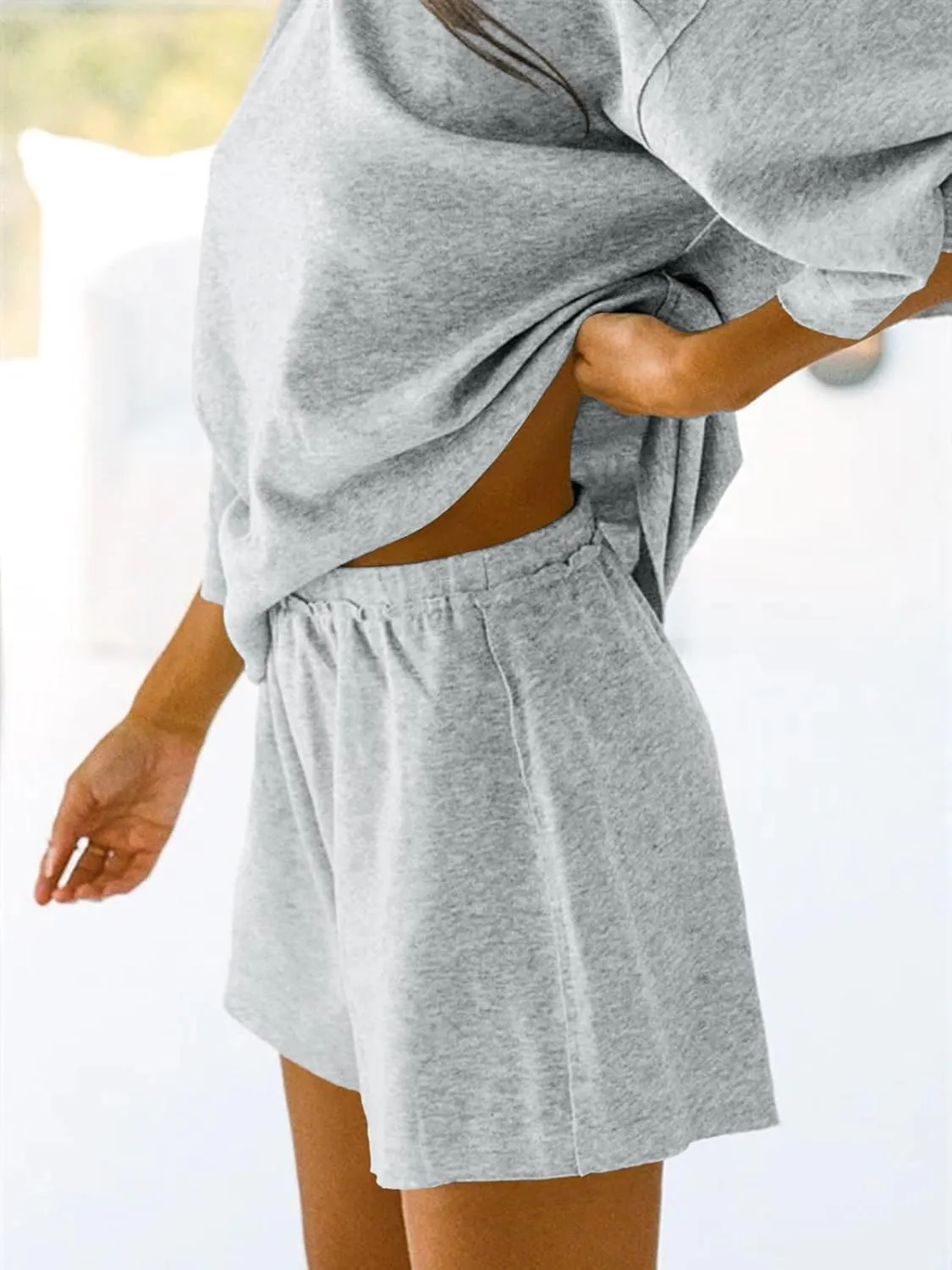 Tankaneo Womens Pajama Sets 3/4 Sleeve Oversized Tops and Elastic Waist Shorts Lounge Sets Loungewear