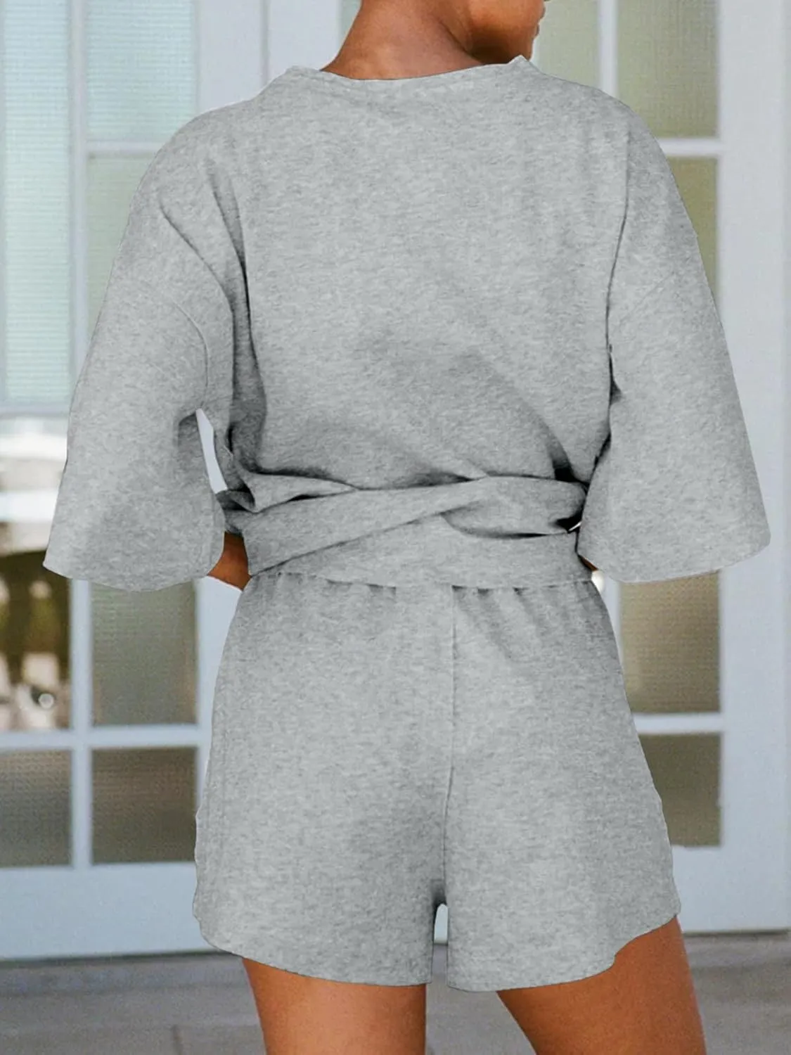 Tankaneo Womens Pajama Sets 3/4 Sleeve Oversized Tops and Elastic Waist Shorts Lounge Sets Loungewear