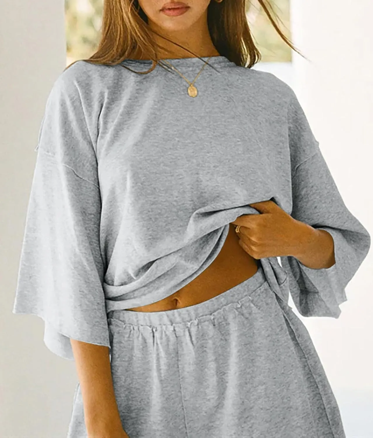Tankaneo Womens Pajama Sets 3/4 Sleeve Oversized Tops and Elastic Waist Shorts Lounge Sets Loungewear
