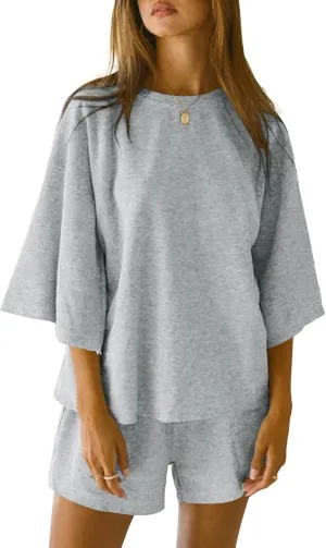 Tankaneo Womens Pajama Sets 3/4 Sleeve Oversized Tops and Elastic Waist Shorts Lounge Sets Loungewear