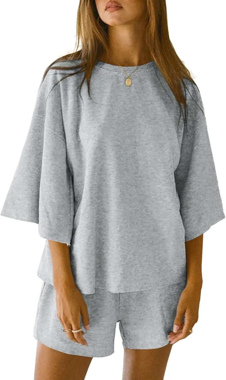 Tankaneo Womens Pajama Sets 3/4 Sleeve Oversized Tops and Elastic Waist Shorts Lounge Sets Loungewear