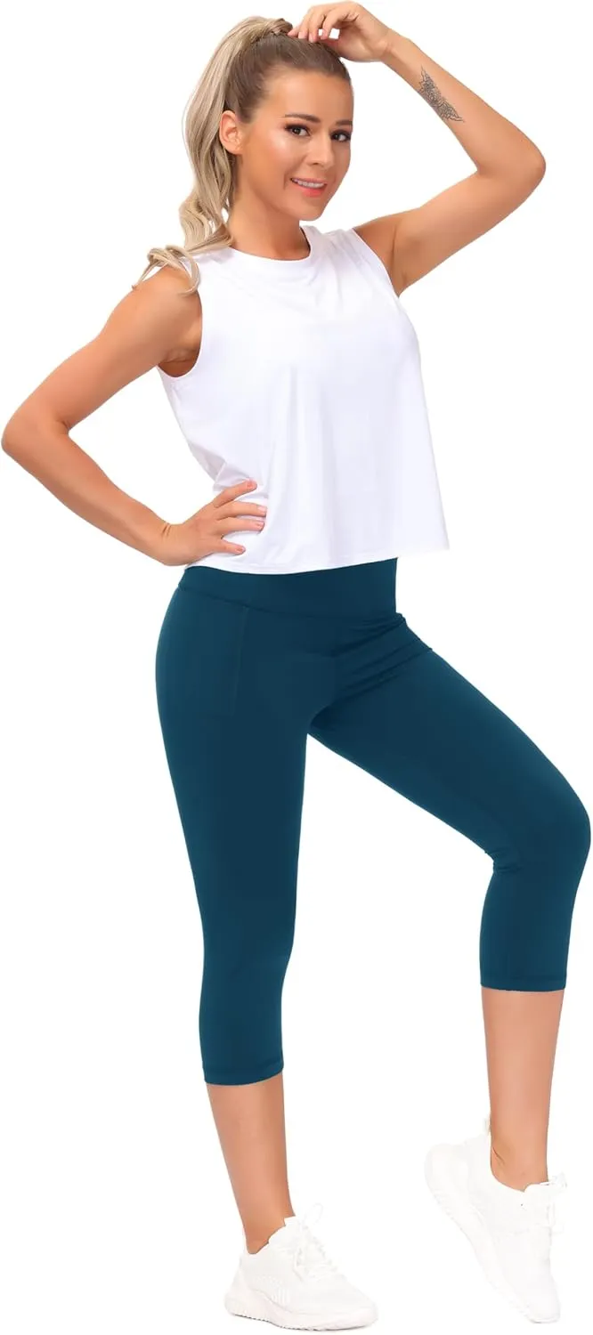 THE GYM PEOPLE Tummy Control Workout Capris Leggings with Pockets High Waist Athletic Yoga Pants for Women Running Hiking