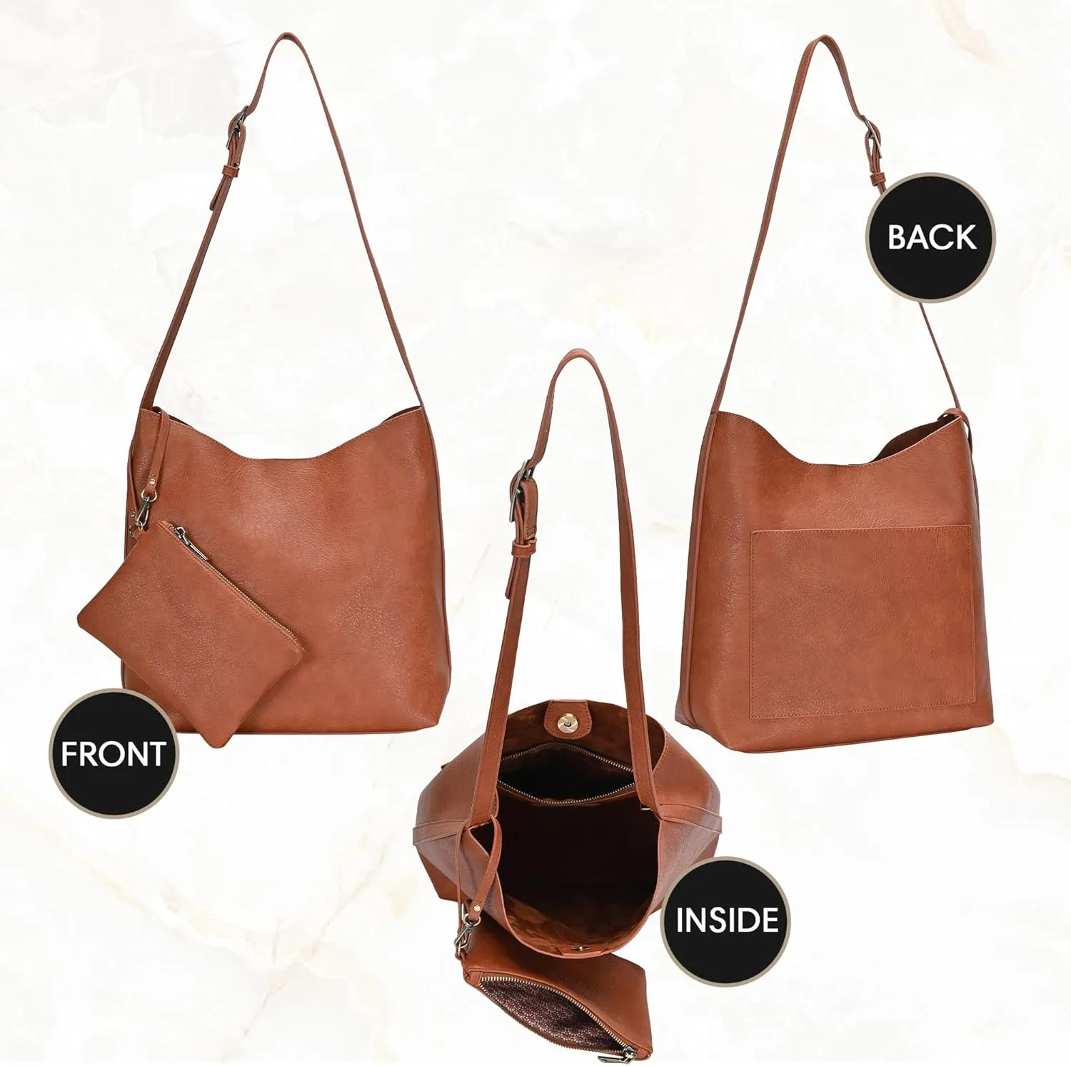 The Ophelia Hobo Shoulder Bag Purse for Women with Detachable Wristlet, Soft Distressed Vegan Leather
