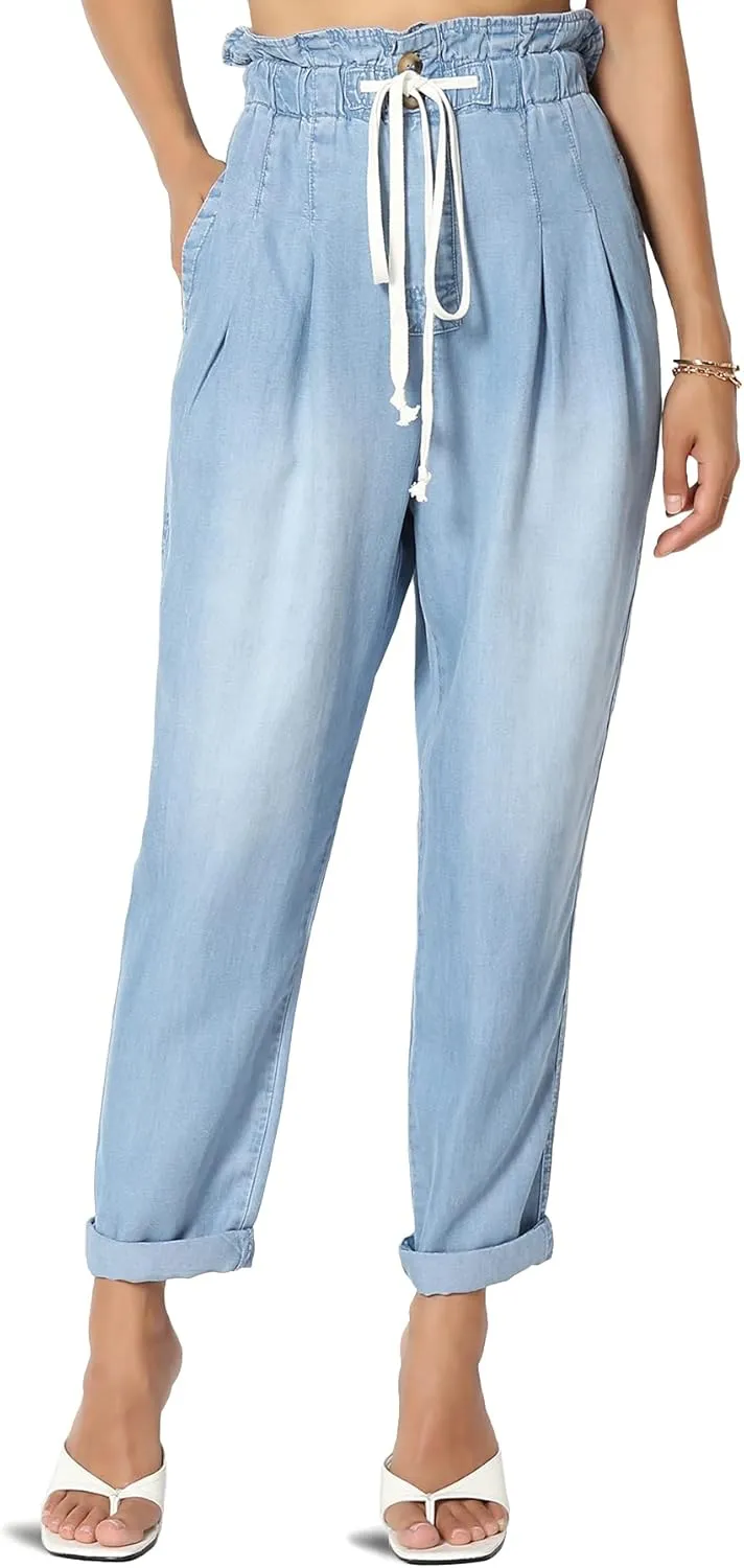 TheMogan Women's Chic Paperbag High Waist Chambray Joggers w Elastic Cuffs Tencel Pants