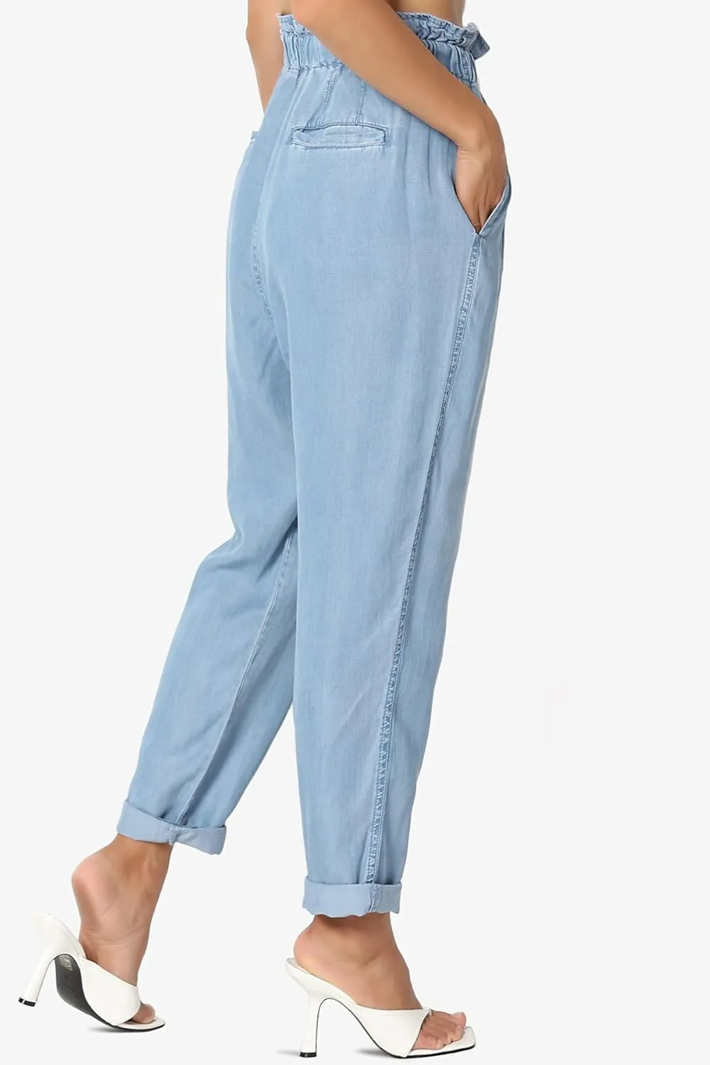 TheMogan Women's Chic Paperbag High Waist Chambray Joggers w Elastic Cuffs Tencel Pants