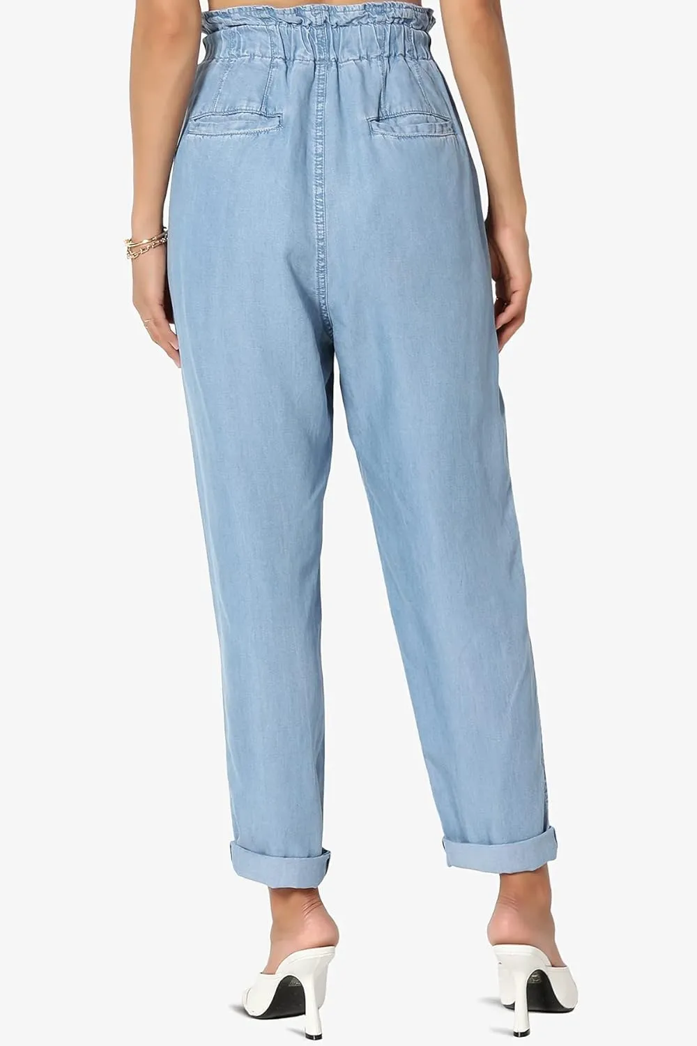 TheMogan Women's Chic Paperbag High Waist Chambray Joggers w Elastic Cuffs Tencel Pants
