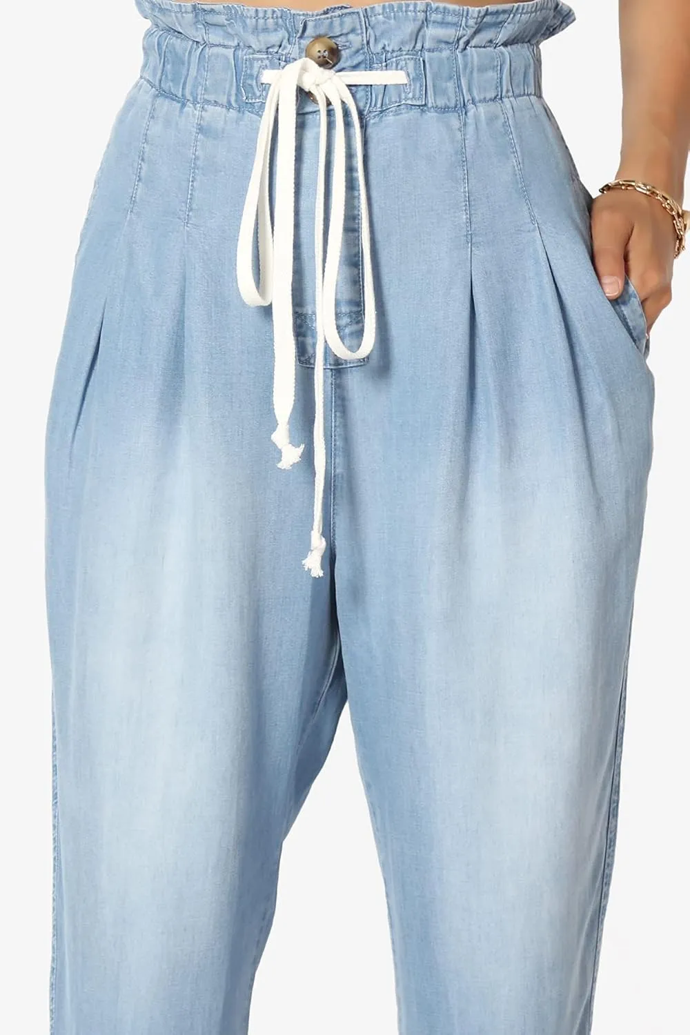 TheMogan Women's Chic Paperbag High Waist Chambray Joggers w Elastic Cuffs Tencel Pants