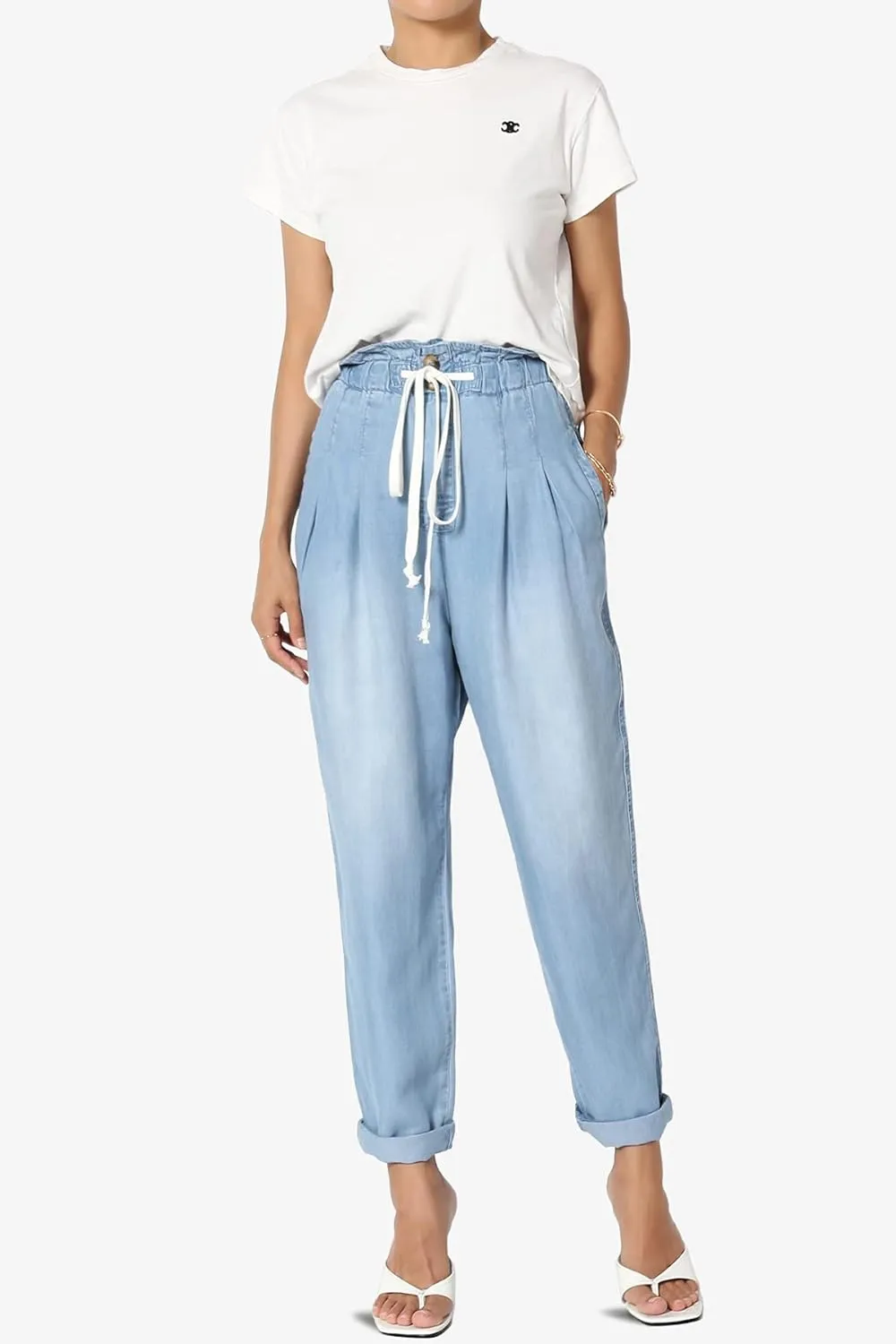 TheMogan Women's Chic Paperbag High Waist Chambray Joggers w Elastic Cuffs Tencel Pants