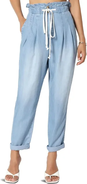 TheMogan Women's Chic Paperbag High Waist Chambray Joggers w Elastic Cuffs Tencel Pants