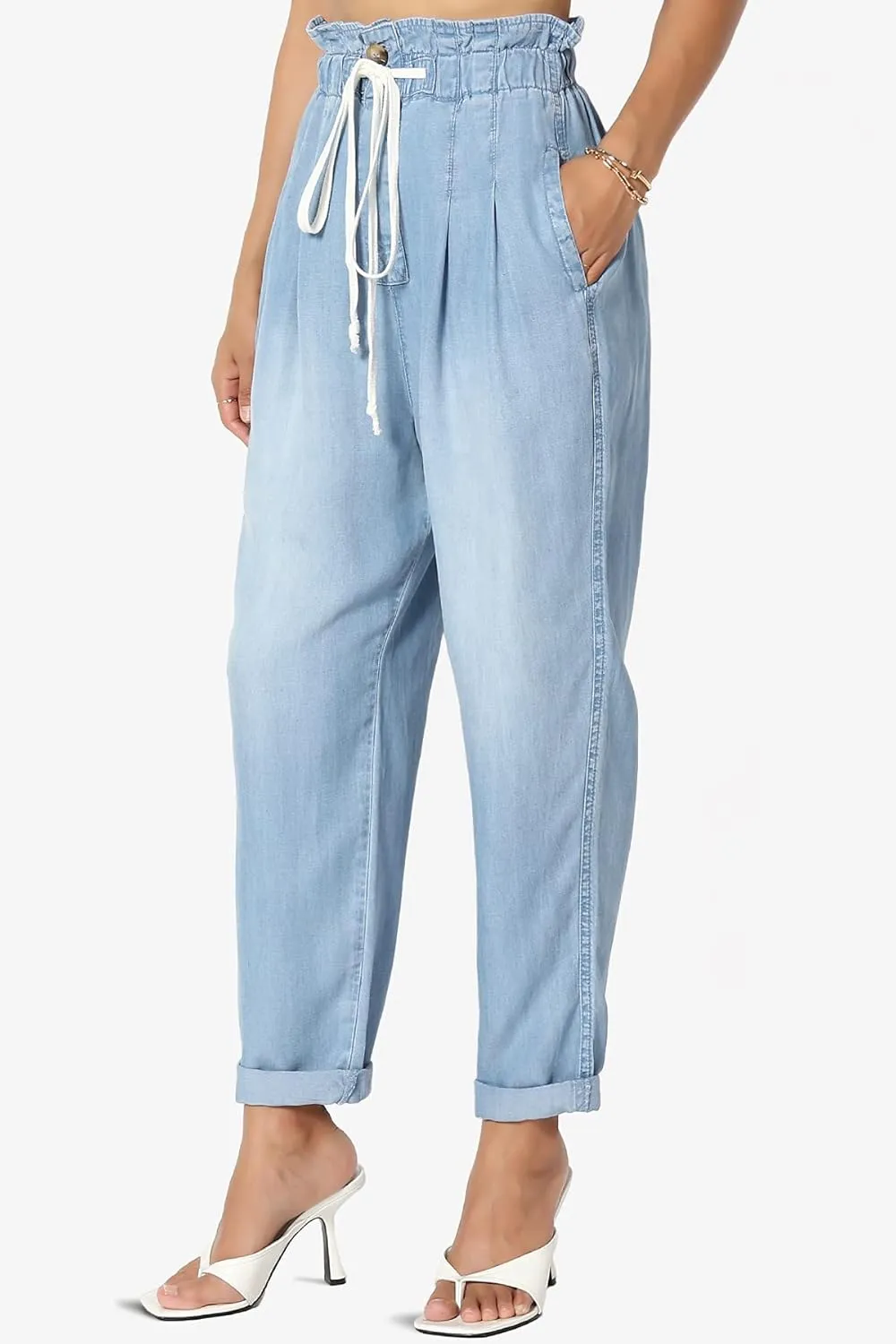 TheMogan Women's Chic Paperbag High Waist Chambray Joggers w Elastic Cuffs Tencel Pants