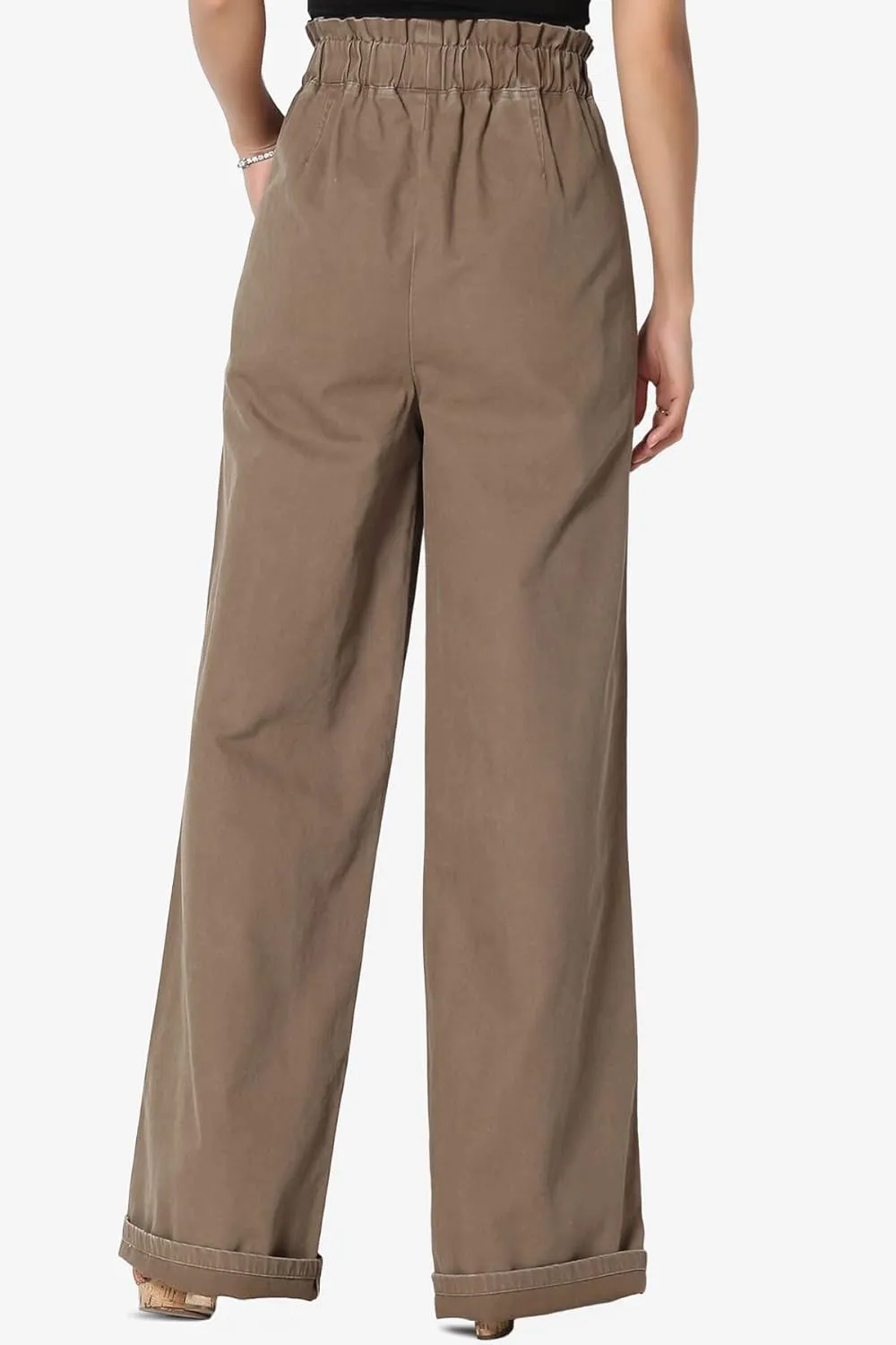 TheMogan Women's Tall S~3X Washed Canvas Twill Paperbag Elastic High Waist Wide Pants