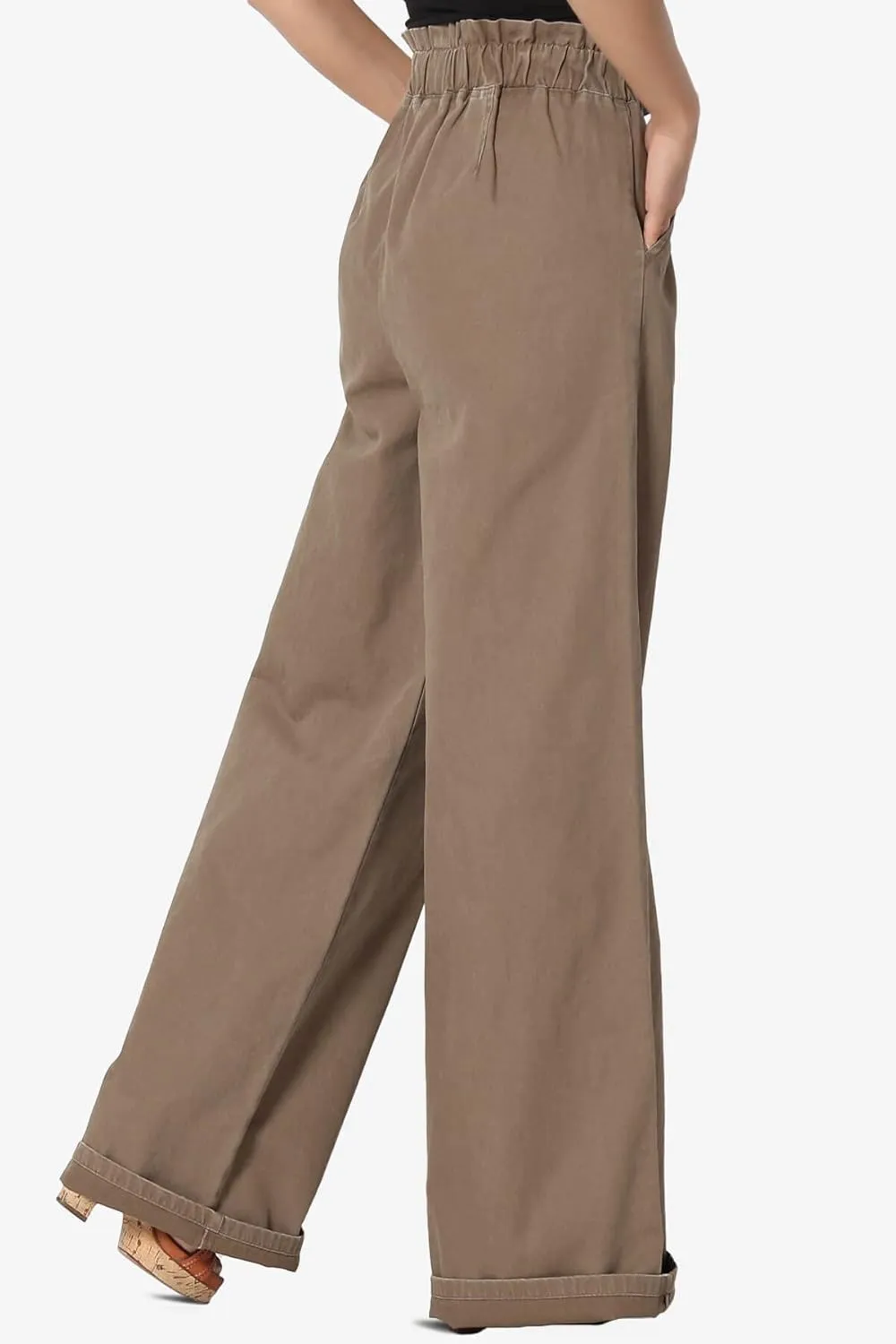 TheMogan Women's Tall S~3X Washed Canvas Twill Paperbag Elastic High Waist Wide Pants