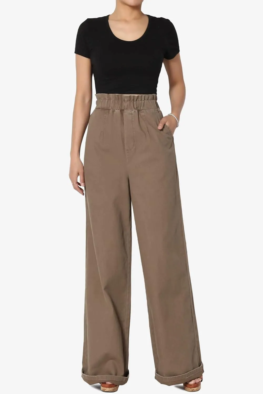 TheMogan Women's Tall S~3X Washed Canvas Twill Paperbag Elastic High Waist Wide Pants