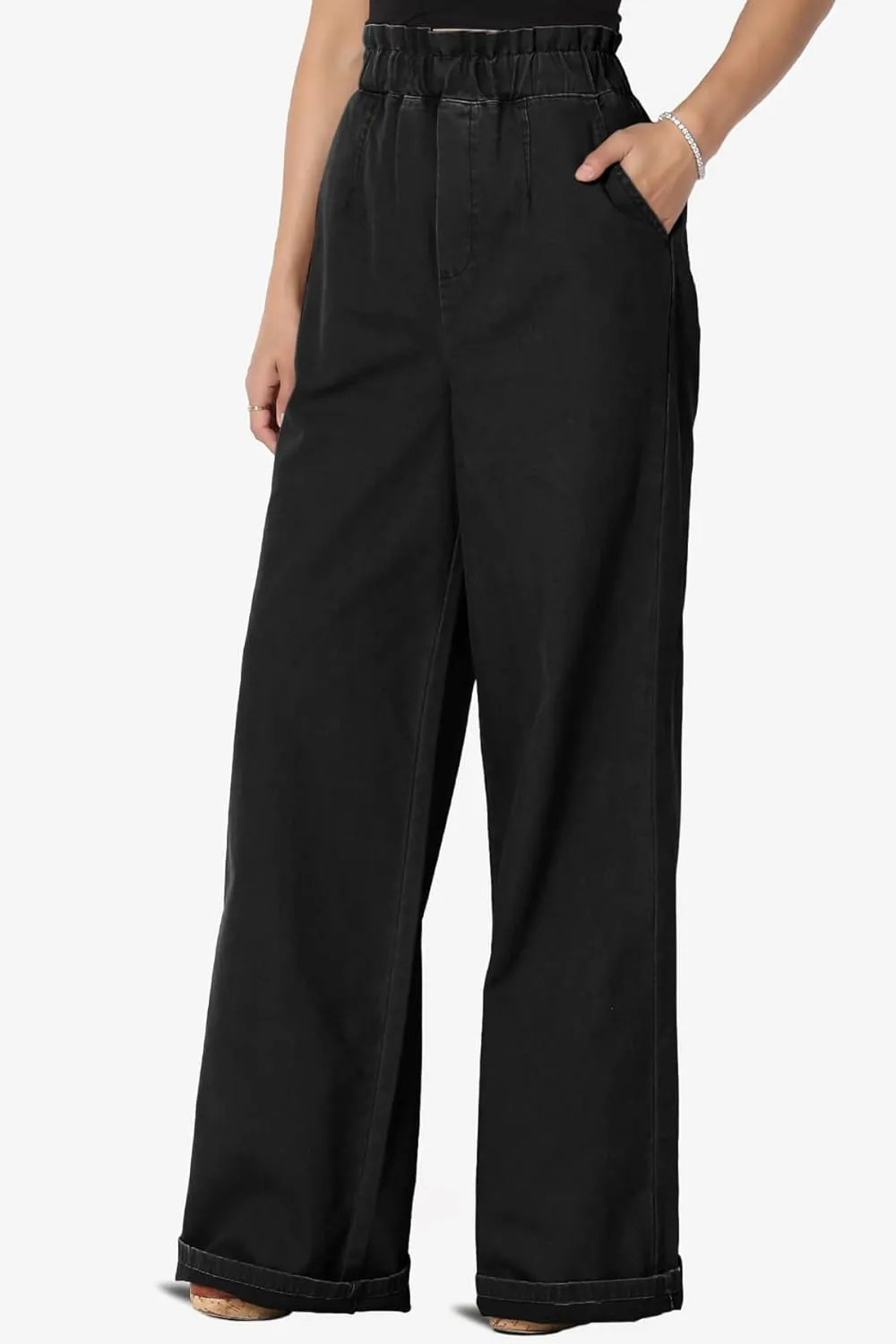 TheMogan Women's Tall S~3X Washed Canvas Twill Paperbag Elastic High Waist Wide Pants