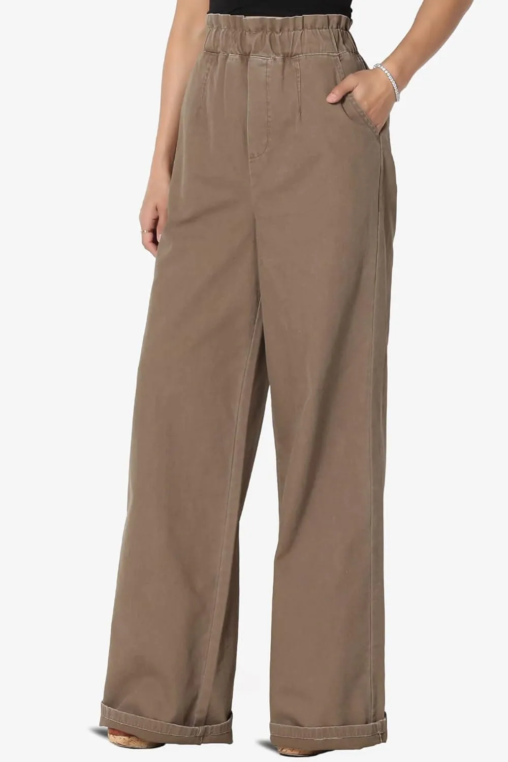 TheMogan Women's Tall S~3X Washed Canvas Twill Paperbag Elastic High Waist Wide Pants