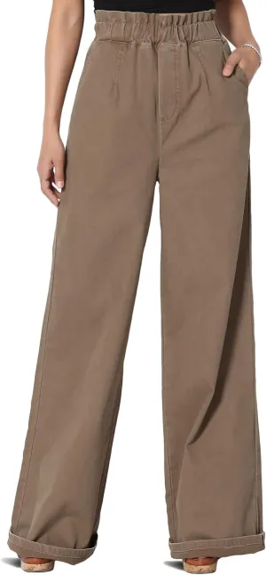 TheMogan Women's Tall S~3X Washed Canvas Twill Paperbag Elastic High Waist Wide Pants