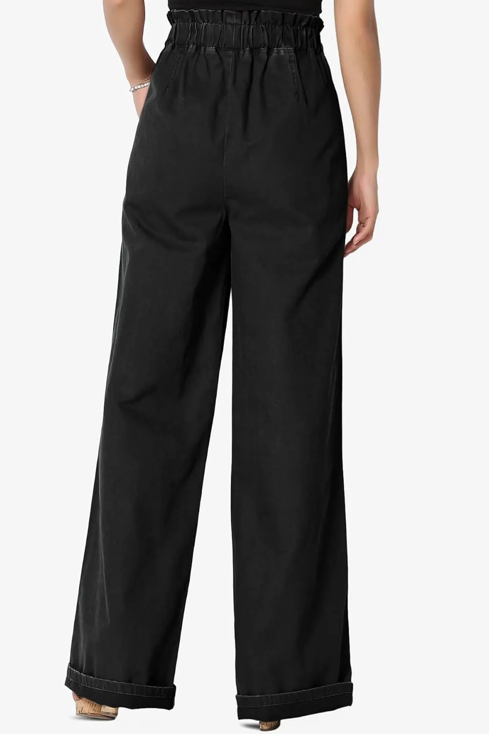 TheMogan Women's Tall S~3X Washed Canvas Twill Paperbag Elastic High Waist Wide Pants