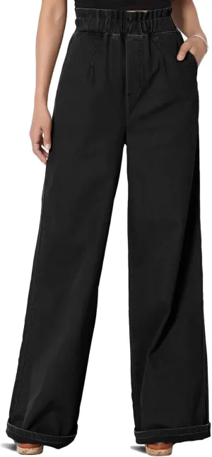 TheMogan Women's Tall S~3X Washed Canvas Twill Paperbag Elastic High Waist Wide Pants