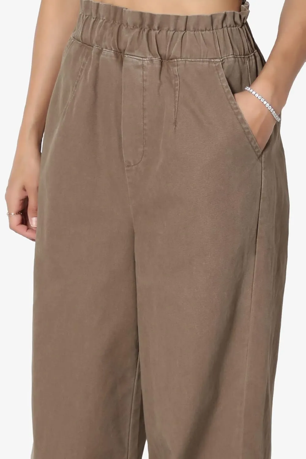 TheMogan Women's Tall S~3X Washed Canvas Twill Paperbag Elastic High Waist Wide Pants