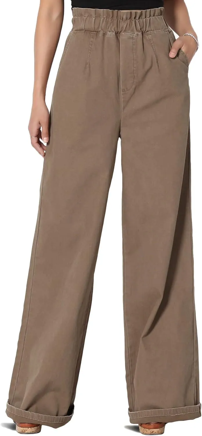 TheMogan Women's Tall S~3X Washed Canvas Twill Paperbag Elastic High Waist Wide Pants