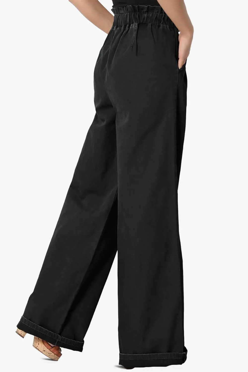 TheMogan Women's Tall S~3X Washed Canvas Twill Paperbag Elastic High Waist Wide Pants