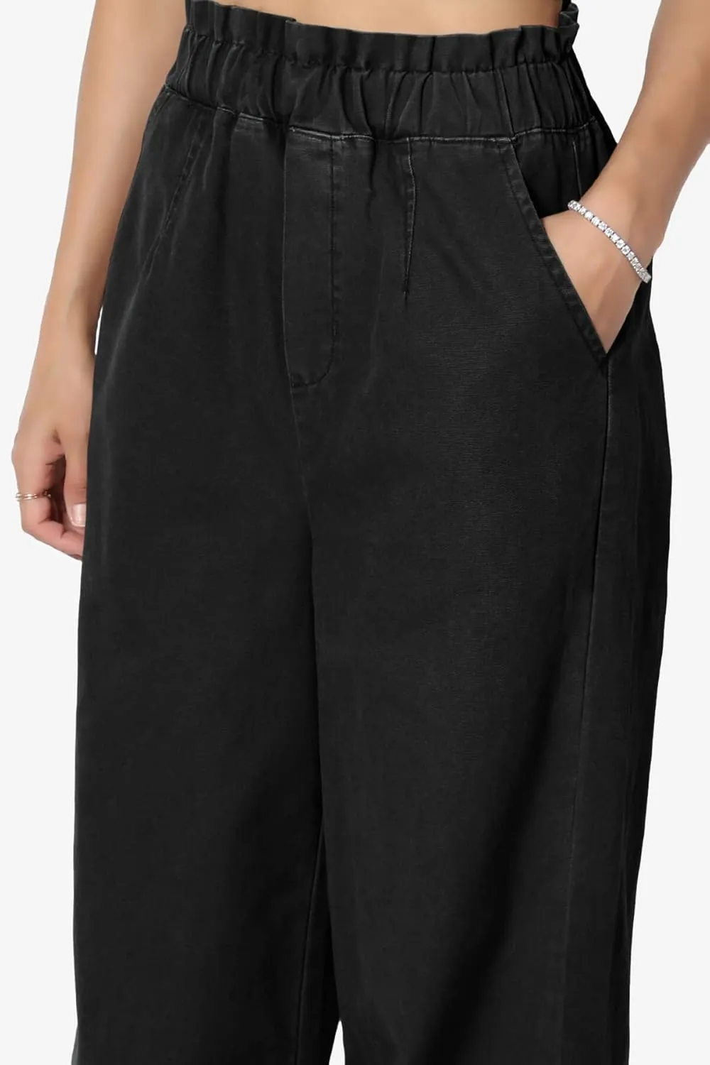 TheMogan Women's Tall S~3X Washed Canvas Twill Paperbag Elastic High Waist Wide Pants