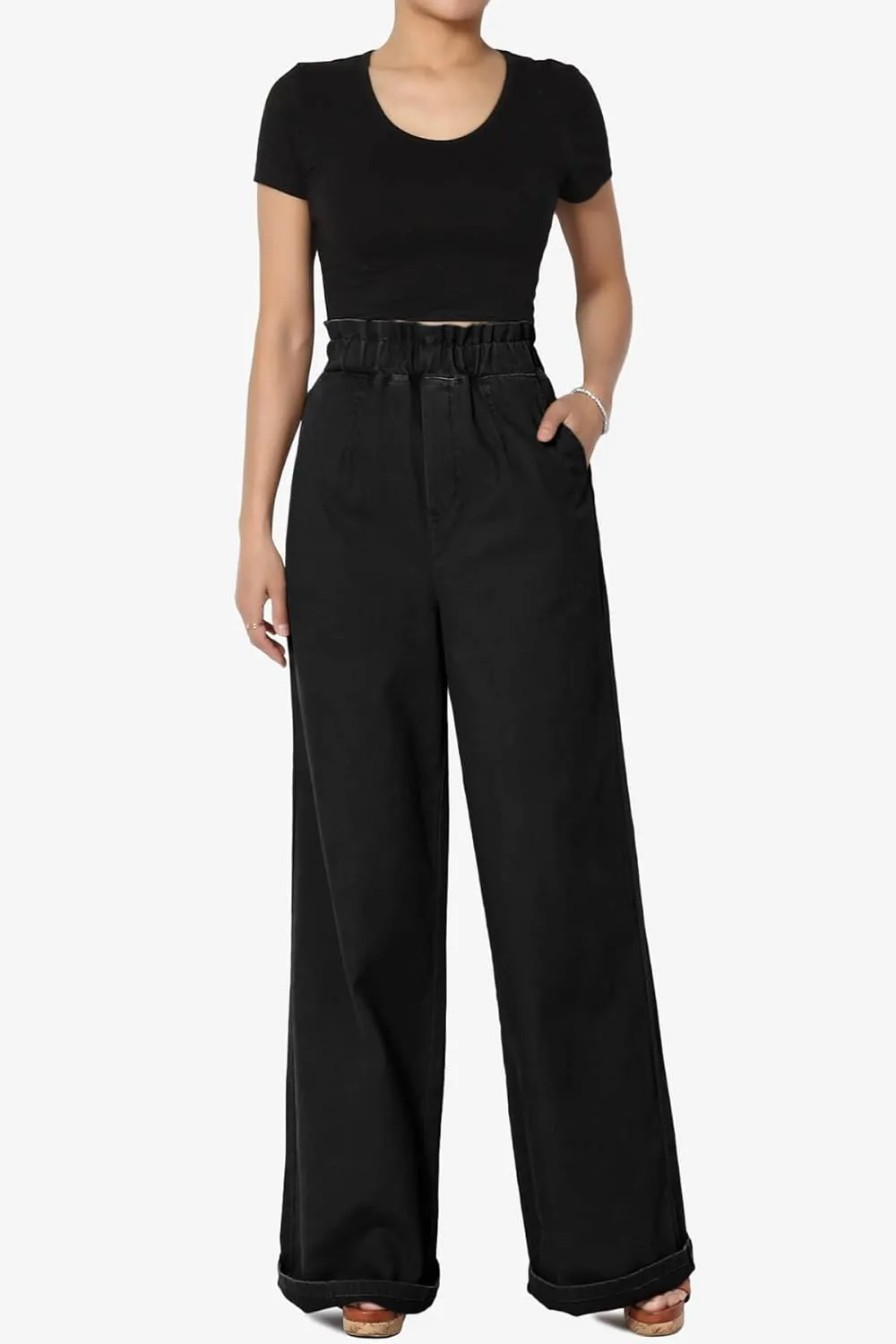 TheMogan Women's Tall S~3X Washed Canvas Twill Paperbag Elastic High Waist Wide Pants
