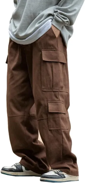 THWEI Mens Cargo Pants Drawstring Elastic Waist Casual Baggy Pant Streetwear Multi Pockets