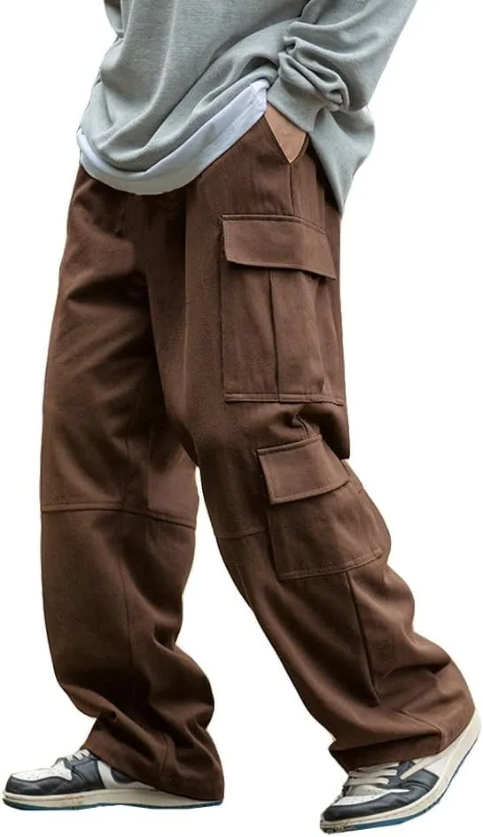 THWEI Mens Cargo Pants Drawstring Elastic Waist Casual Baggy Pant Streetwear Multi Pockets