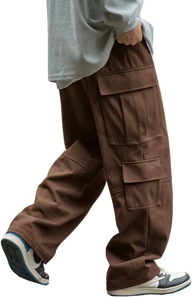 THWEI Mens Cargo Pants Drawstring Elastic Waist Casual Baggy Pant Streetwear Multi Pockets