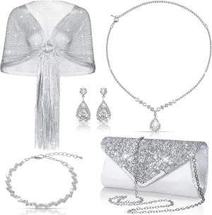 Tiamon 5 Pcs Rhinestone Jewelry Sets Shawls and Wraps Formal Clutch Purses for Women Evening Dresses Bridal Weddings